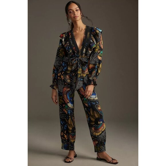 NWT Farm Rio x Anthropologie V-Neck Ruffle Printed Jumpsuit Size L Belted - Picture 1 of 7